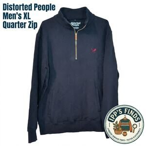 Distorted People Mens XL Navy Quarter Zip Sweatshirt Gold Zipper Embroidered